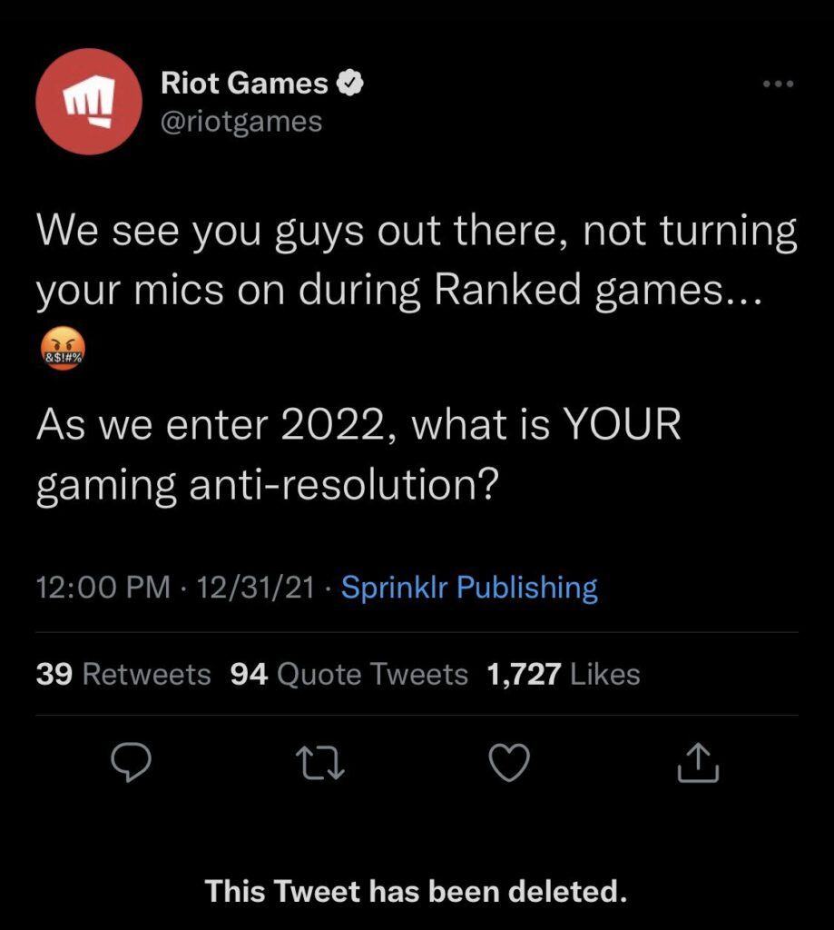 Riot Games immediately deletes their voice chat tweet in response to fan outrage 3 Riot Games immediately deletes their voice chat tweet in response to fan outrage 2